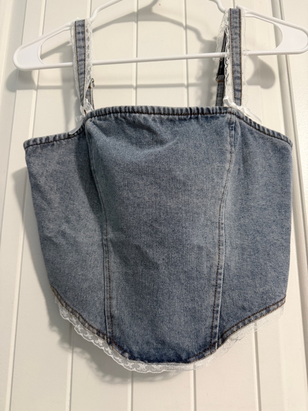 Denim Corset Crop Top with Lace Trim - Blue